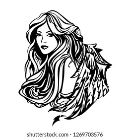 beautiful angel woman with long hair and feathered wings - black and white vector portrait