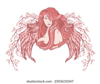 beautiful angel woman with long hair waves and wings among blooming sakura tree branches - art nouveau style celestial girl pink and white hand drawn vector portrait