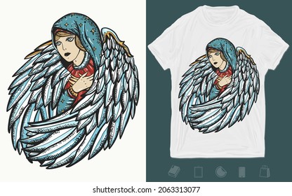 Beautiful angel woman. Virgin Mary and wings. Goddess lady. Symbol of christianity, paradise, prayer. T-shirt design. Creative print for clothes. Template for posters, textiles, apparels 