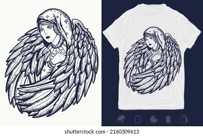 Beautiful angel woman. Virgin Mary and wings. Goddess lady. Creative print for clothes. Template for posters, textiles, apparels. Symbol of christianity, paradise, prayer. T-shirt design