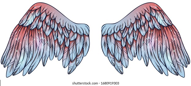 Beautiful angelic magic gradient shiny blue pink wings, vector