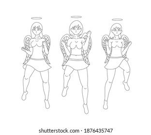 Beautiful angels girls cartoon line art, young women with wings and halos. Vector illustration in cartoon style isolated on white background.