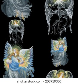 Beautiful angels with wings seamless pattern in black background vector illustration