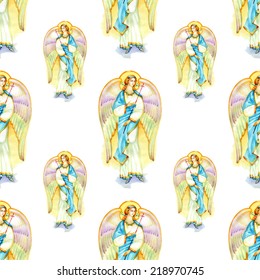 Beautiful angels with wings seamless pattern in yellow background vector illustration