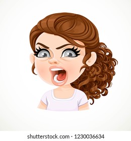 Beautiful angry aggressive smiling cartoon brunette girl with dark chocolate hair portrait isolated on white background