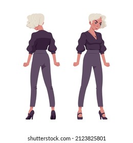 Beautiful angry blonde woman with white dyed hair, business outfit. Office attire lady, professional chic work outfits. Vector flat style cartoon illustration isolated on background, front, rear
