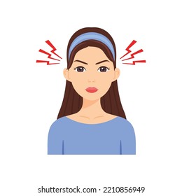 A Beautiful Angry Woman with Brown Hair. Portrait of a Disgruntled and Irritated Young Lady. Color Cartoon style. White background. Vector illustration.
