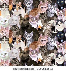 Beautiful animal ornament with portraits of cats of different breeds in vector. Seamless print for fabric with the symbols of the Chinese year of the cat, 2023.
