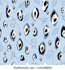 Beautiful animal skin with dash embroidery line flowers seamless  pattern vector for fashion ,wallpaper, fabric and all prints on light blue  background color
