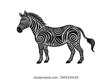 Beautiful animal Zebra silhouette black linocut vector illustration