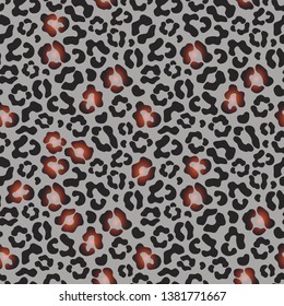 Beautiful animalistic seamless pattern of black and bright brown spots, on a gray background, leopard, vector. Great for decorating fabrics, textiles, gift wrapping, printed materials, advertising.