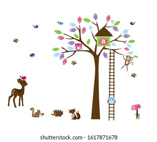 Beautiful Animals family, deer, monkey, birds, owl,  near a colorful Tree vector illustration