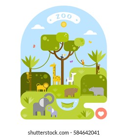 Beautiful Animals In The Zoo. Vector Flat Illustration.