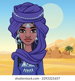 Beautiful animation African princess in ancient clothes and a turban.  Background - desert barkhans, palace silhouette. Vector illustration.