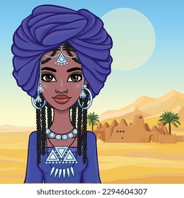 Beautiful animation African princess in ancient clothes and a turban.  Background - desert barkhans, palace silhouette. Vector illustration.