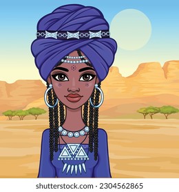 Beautiful animation African princess in ancient clothes and a turban. ackground - landscape desert, canyon, trees. Vector illustration.