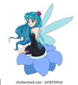 Beautiful anime fairy with shiny blue wings, cyan hair sitting on flower and wearing black dress. Hand drawn vector illustration. Isolated on white background.