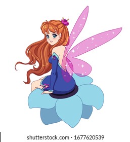 Beautiful anime fairy with shiny pink wings, red hair sitting on flower and wearing blue dress. Hand drawn vector illustration. Isolated on white background.
