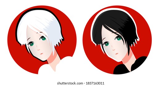Beautiful anime girl with black and white short hair on a red background. Green eyes. Colored. Anime style, drawn vector illustration.