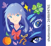 Beautiful anime girl with blue hair and other decorative eyes, orange, ribbon, and butterfly elements. Colorful drawing isolated on square blue background.
