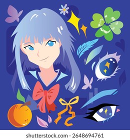 Beautiful anime girl with blue hair and other decorative eyes, orange, ribbon, and butterfly elements. Colorful drawing isolated on square blue background.