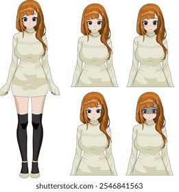 Linda menina de anime em vestido vetor corpo inteiro com expressão npc personagem ilustração