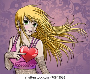 Beautiful anime girl holding heart - with background