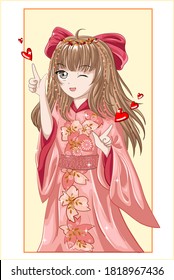 Beautiful anime girl japanese with brown hair wearing pink kimono and red hair ribbon