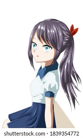 A beautiful anime girl purple hair wearing white blue uniform