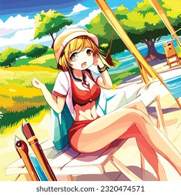 Beautiful anime girl vector eps sitting on a chair in the garden by the sea vector comic illustration isolated