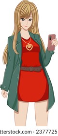 Beautiful Anime Girl. Vector Illustration in Manga Style. Young Woman with Mobile Phone