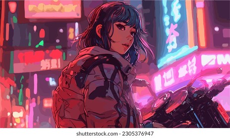 Beautiful anime lady in a bike,  futuristic world, Vapor wave, synthwave, neon lights, tech, modern, vector illustration, hero, though, cool, pretty, neo tokyo, neotokyo