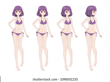 Beautiful Anime Manga Girl With Long Hair In Swimsuit Bikini. Different Postures And Turns Of The Head