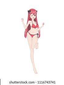 Beautiful Anime Manga Girl With Long Hair In Swimsuit Bikini Standing On One Foot, Smiling Coquettishly And Winking. Bows On The Head