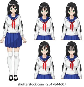 Belas expressões de personagens de mangá de anime para colegial set vetor