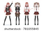 Beautiful anime manga schoolgirl. Plaid red skirt and tie pattern of tartans. Black long stockings, school bag in shirt and jacket. Full body in different poses. Cartoon character in Japanese style