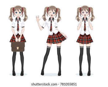 Beautiful anime manga schoolgirl in a plaid red skirt and tie a pattern of tartans. Black long stockings, school bag in a shirt. In full growth in different poses. Cartoon character in Japanese style