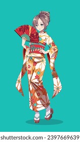 Beautiful anime manga young woman in kimono holding paper fan