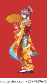 Beautiful anime manga young woman in kimono holding paper fan