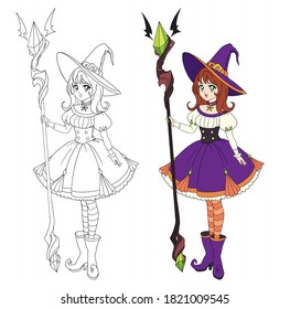 Beautiful anime witch holding big staff. Red hair, purple dress and big hat. Hand drawn vector illustration for coloring book. Isolated on white