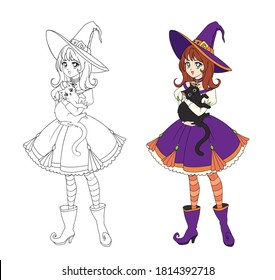 Beautiful anime witch holding black cat. Red hair, purple dress and big hat. Hand drawn vector illustration for coloring book. Isolated on white