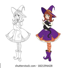 Beautiful anime witch holding black cat  Red hair  purple dress   big hat  Hand drawn vector illustration for coloring book  Isolated white