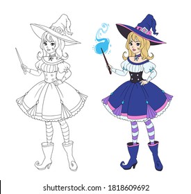 Beautiful anime witch holding magic wand. Blonde hair, blue dress and big hat. Hand drawn vector illustration for coloring book. Isolated on white