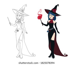 Beautiful anime witch holding magic wand. Blue hair, black dress and big hat. Hand drawn vector illustration for coloring book. Isolated on white