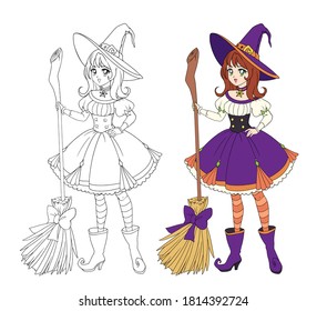 Beautiful anime witch holding wooden broom. Red hair, purple dress and big hat. Hand drawn vector illustration for coloring book. Isolated on white