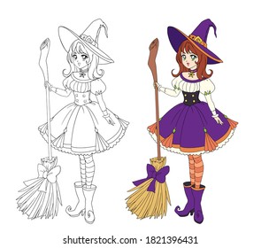 Beautiful anime witch holding wooden broom. Red hair, purple dress and big hat. Hand drawn vector illustration for coloring book. Isolated on white