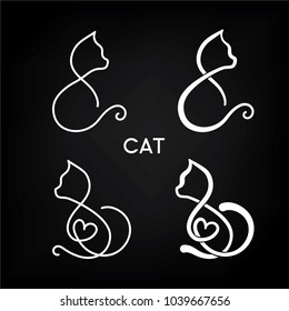 Beautiful ans elegant one-line-hand-drawn cats with infinity shape on black background with the word "CAT"