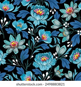 Beautiful antique flowers, blue, pink, vintage style, hand drawn, seamless, on a black background. Designed for fabric, fashion, textiles, wallpaper, gift wrap.