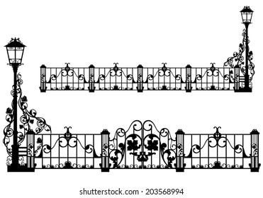 beautiful antique iron fence with street light and gates among rose flowers - black vector silhouette