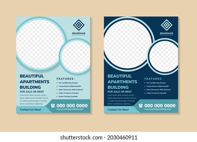 Beautiful apartment building flyer design template use vertical layout. Circle space for photo collage. multicolored blue colors of element variation which can be selected. blue background.